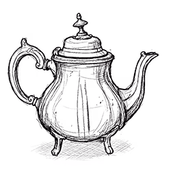 Een gedetailleerde zwart-wit illustratie van een traditionele theepot met een sierlijke handgreep en tuit.