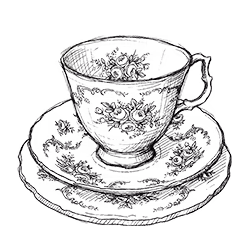 Zwarte lijnen schets van een porseleinen theekop met bloemmotieven op een schotel en een bord.