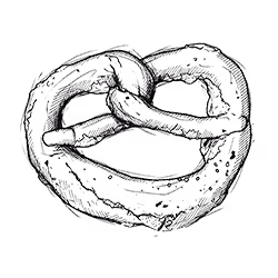 Gedetailleerde zwart-wittekening van een pretzel met zoutkristallen.