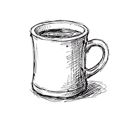 Schets van een met koffie gevulde mok met een oor.