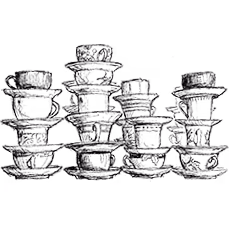 Een set van transparante glazen theekopjes en schotels netjes gestapeld.