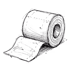 Houtekening van een rol toiletpapier met een gedeeltelijk afgerold stuk.