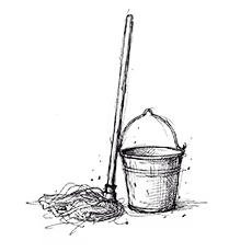 Een emmer en een dweil met steel naast elkaar.