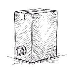 Handgetekende schets van een dispenserdoos met een logo aan de zijkant.