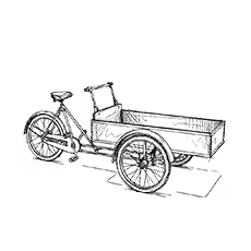 Driewielige bakfiets met houten laadbak en metalen frame.
