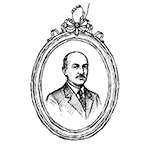 Zwart-wit gestileerd portret van een man met snor en stropdas in een sierlijke ovale lijst.