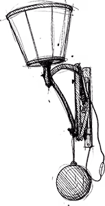 Zwart-witte schets van een vintage wandlamp met een ronde kogelgewicht aan een ketting.