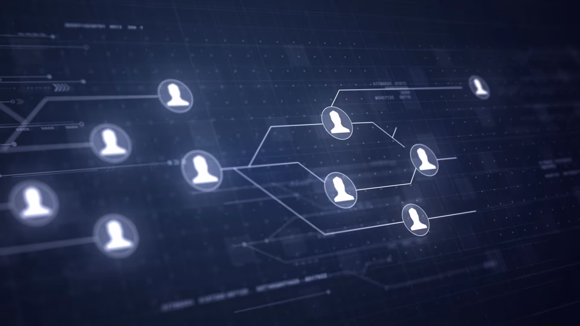 Digital network interface showing connected user profile icons on a dark blue background.