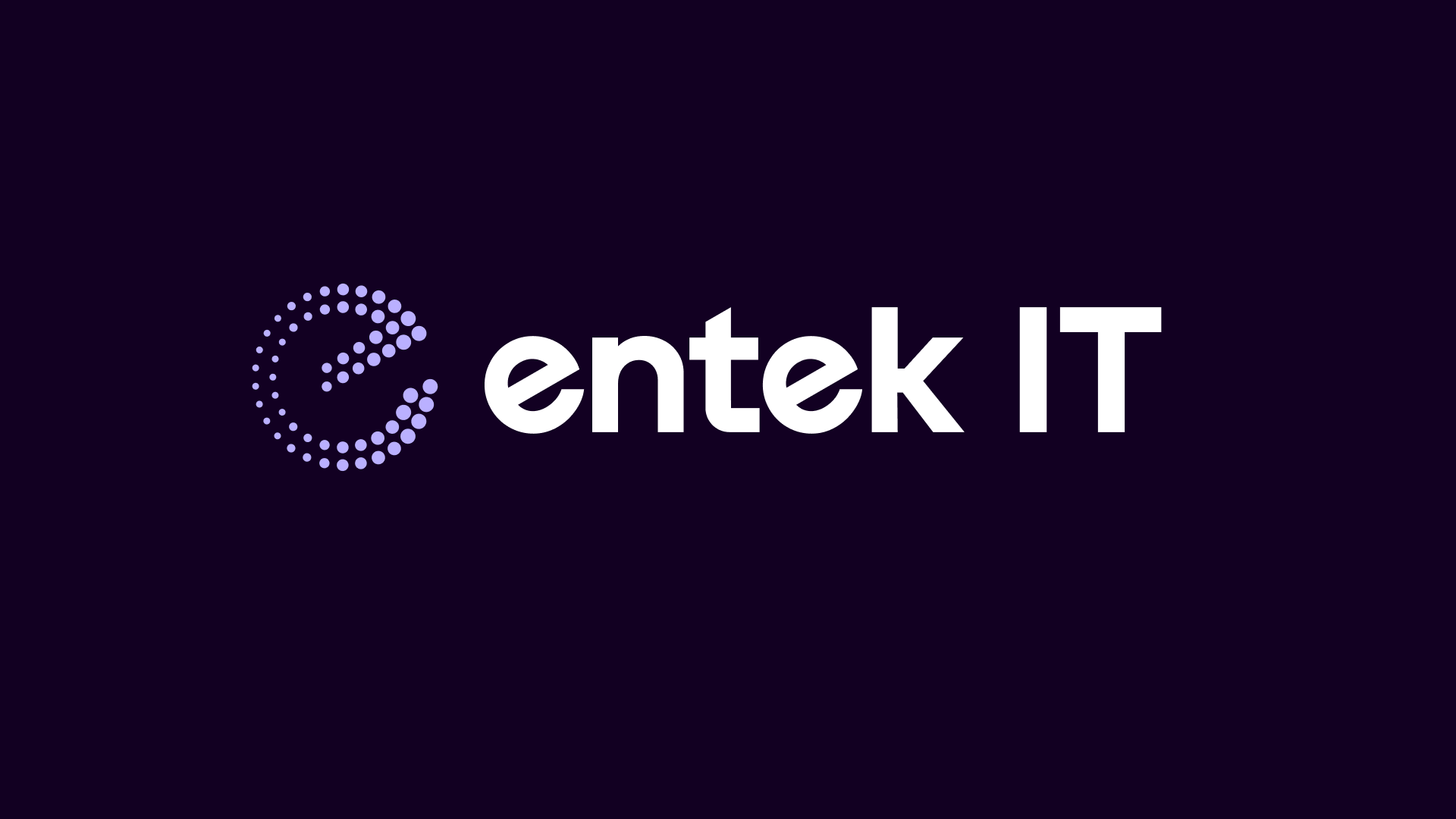 Logo with lowercase letter e formed by purple dots next to the text entek IT in bold white font on a dark background.