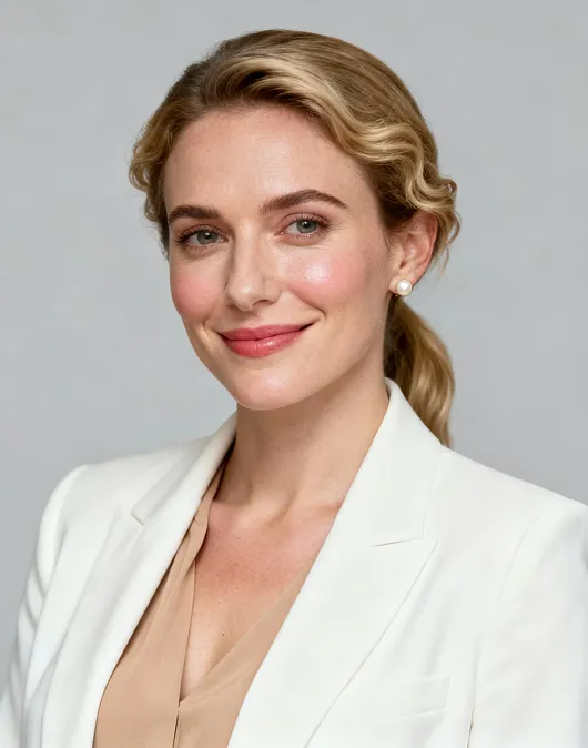 Smiling woman with blonde hair in a ponytail wearing pearl earrings, a beige blouse, and a white blazer against a gray background.