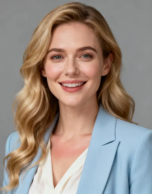 Smiling woman with long wavy blonde hair wearing a light blue blazer and white blouse against a gray background.