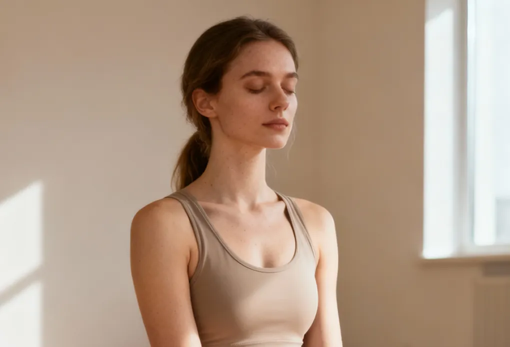 Young woman with closed eyes meditating indoors wearing a beige tank top.