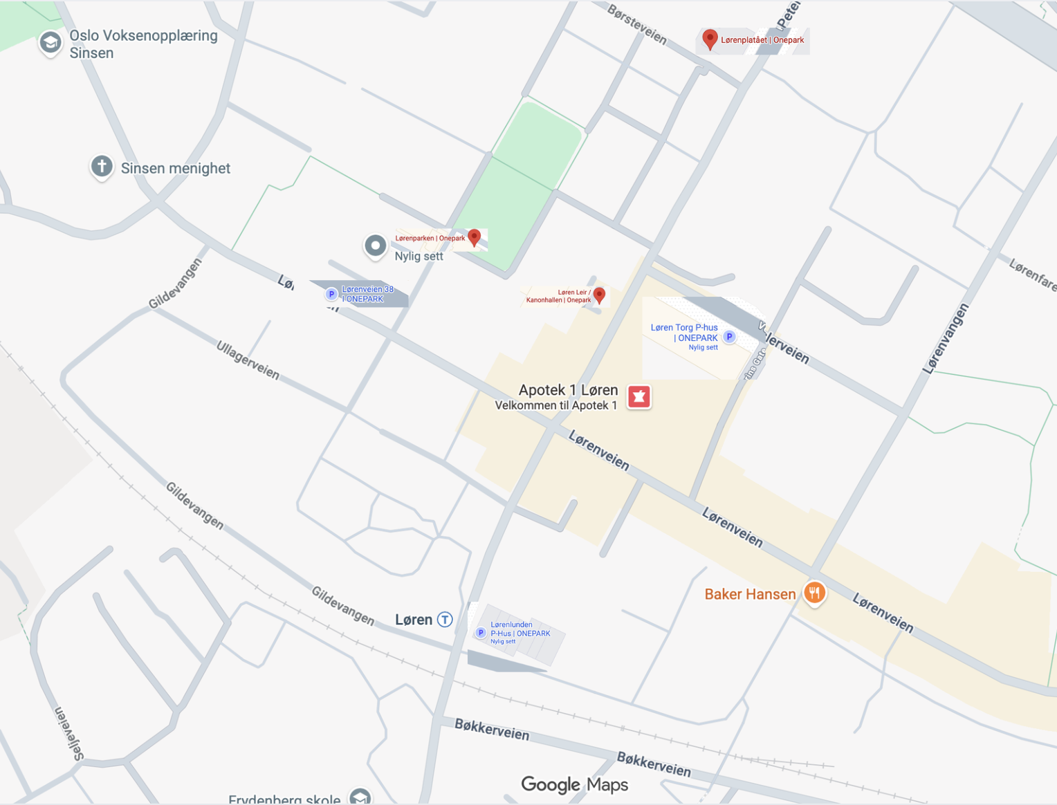 Kart over parkeringsmuligheter på Løren