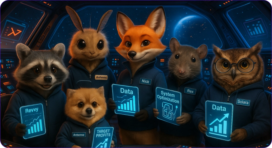 Animated raccoon, rabbit, fox, dog, rat, and owl wearing blue jackets holding digital data and system optimization charts aboard a futuristic control room. Revenium Team