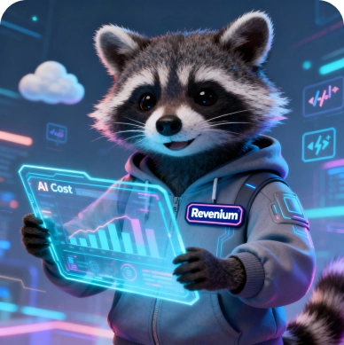 A raccoon character wearing a hoodie with a label 'Revenium,' holding a transparent futuristic screen displaying an AI cost graph in a neon-lit digital environment.