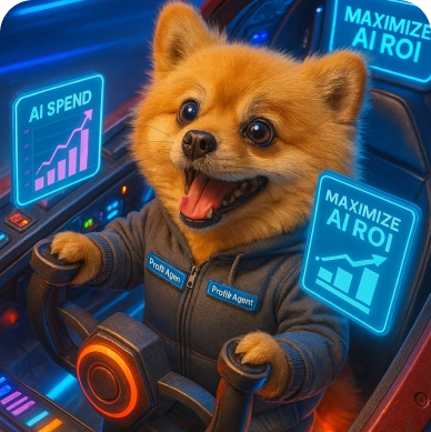 Smiling Revenium dog wearing a jacket labeled 'Profit Agent' operating a futuristic control panel with glowing displays showing AI spend and maximizing AI ROI graphs.