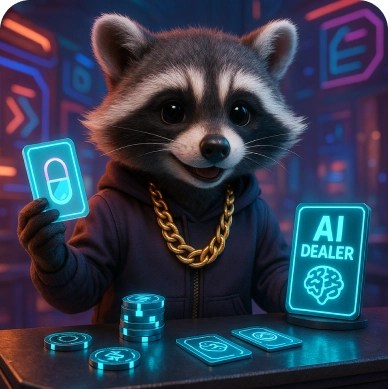 3D illustration of a Revenium raccoon wearing a gold chain and hoodie, holding a card with a pill icon, standing behind a table with chips and cards, next to a neon sign reading AI DEALER.