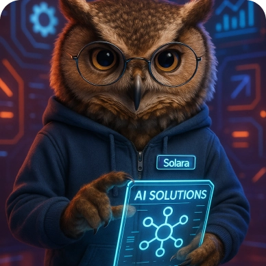A brown Revenium owl wearing round glasses and a blue hoodie labeled ‘Solara’ interacting with a futuristic digital interface titled ‘AI Solutions’.