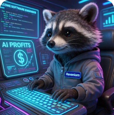 3D-rendered Revenium raccoon wearing a gray hoodie labeled 'Revenium' sitting at a futuristic computer desk with screens displaying AI profits and code.