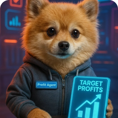Revenium dog wearing a hoodie labeled Prefit Agent holding a glowing tablet showing a rising graph labeled Target Profits.