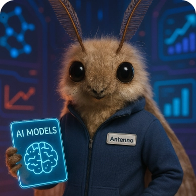 A furry anthropomorphic Revenium moth in a blue jacket holding a glowing tablet labeled 'AI MODELS' with charts in the dark background.
