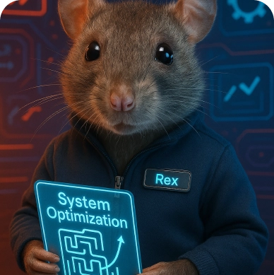 A digitally rendered Revenium mouse wearing a jacket with a name tag 'Rex' holding a glowing tablet displaying 'System Optimization' and a maze diagram.