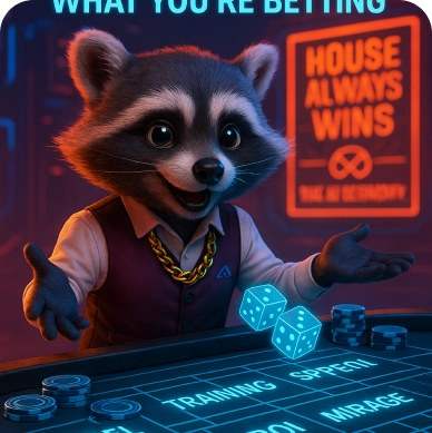 Animated Revenium raccoon in a vest and gold chain gesturing at a casino table with dice and chips, with a neon sign reading 'House Always Wins' in the background.