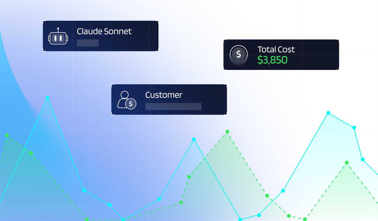 Colorful overlapping line and area graphs on a blue grid background with labeled data points for Claude Sonnet, Customer, and total cost of $3,850.