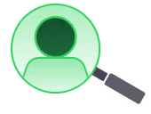 Green magnifying glass icon with a shadowed circular lens on white background.
