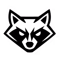 Stylized black and white wolf head logo with sharp features and intense eyes.