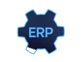 Blue gear icon with the letters ERP at its center on a transparent background.
