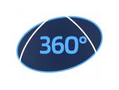 Blue 360-degree icon with orbiting ring around the number.