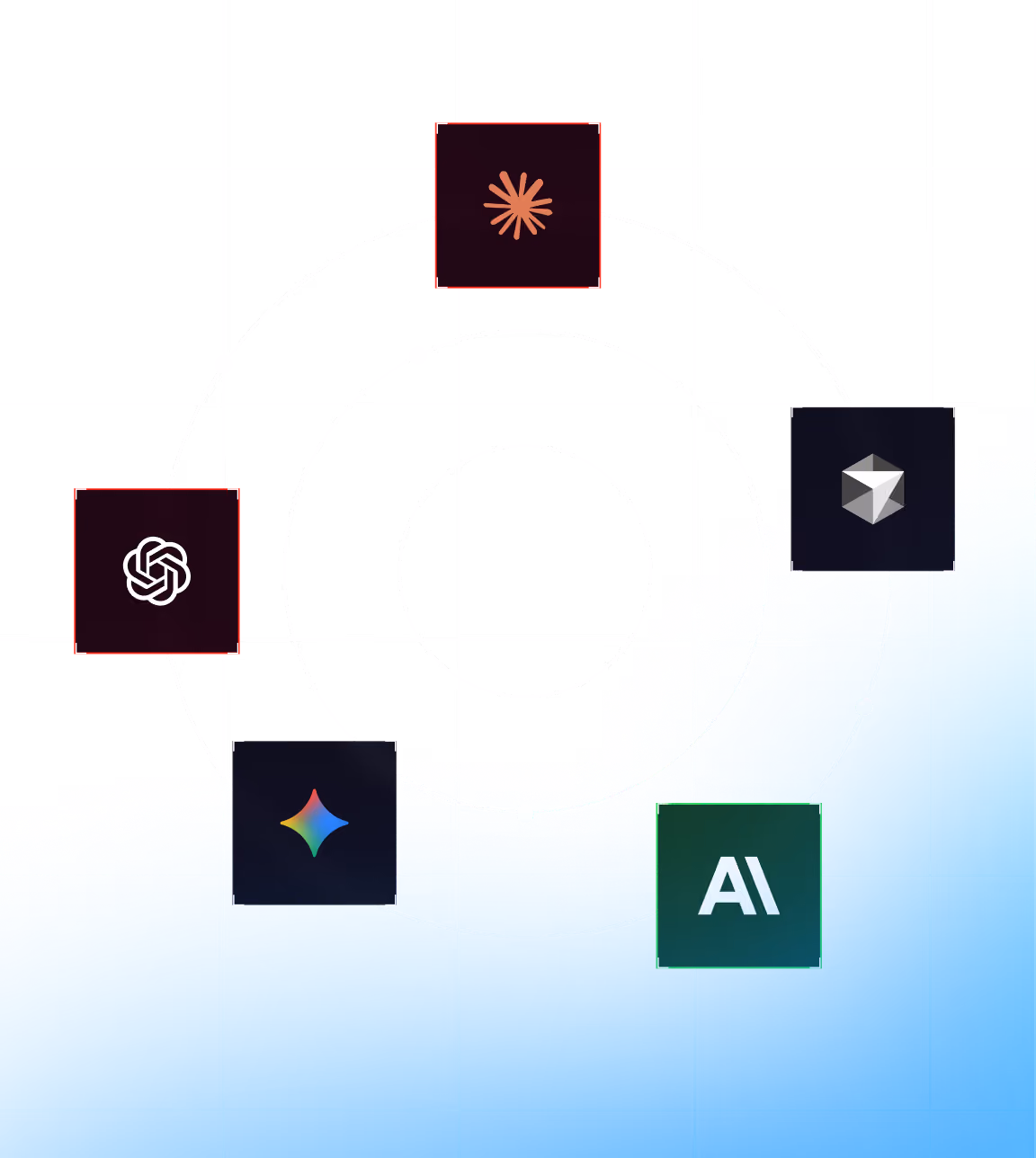Five distinct logos arranged around concentric white circles on a grid background with a blue gradient at the bottom right