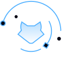 Abstract icon of a blue Racoon mask surrounded by circular and geometric line elements.