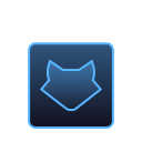 Icon of a dark square with a glowing blue outline of a Racoon head in the center, placed in front of a white web browser window outline.