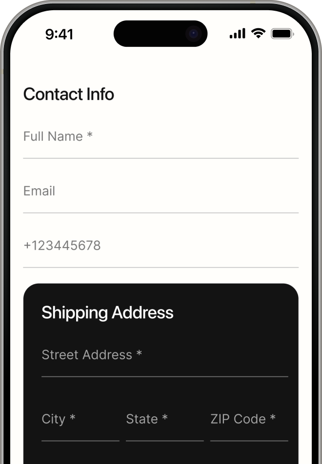 Mobile screen showing a contact info form with fields for full name, email, phone number, and a shipping address section including street address, city, state, and ZIP code fields.