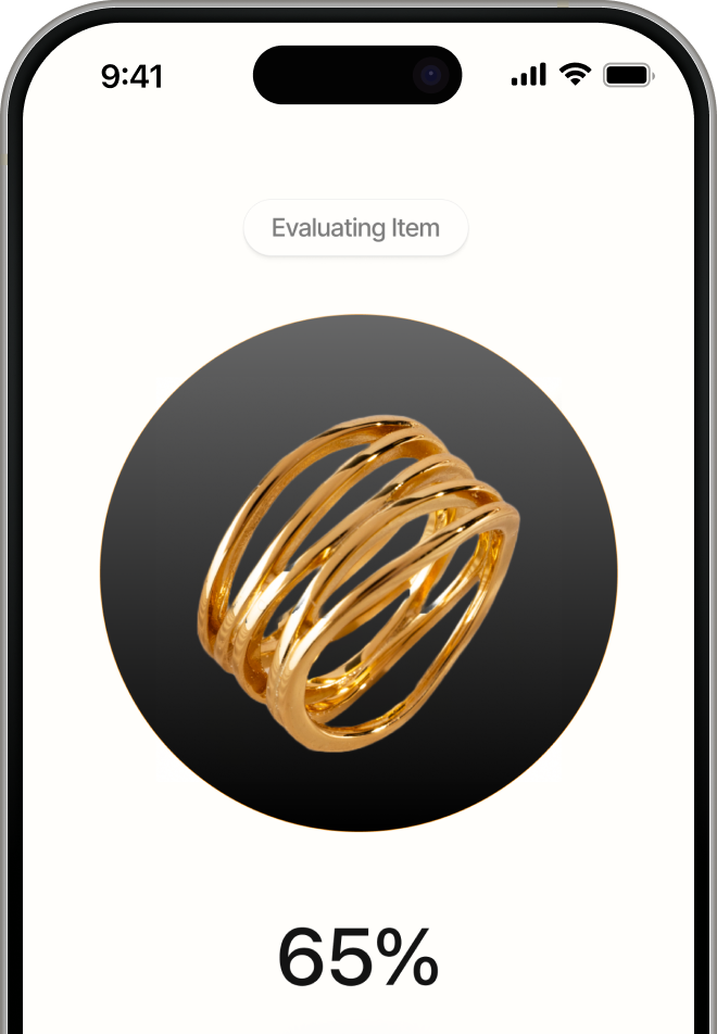 Smartphone screen showing a gold multi-band ring with an evaluation progress of 65%.