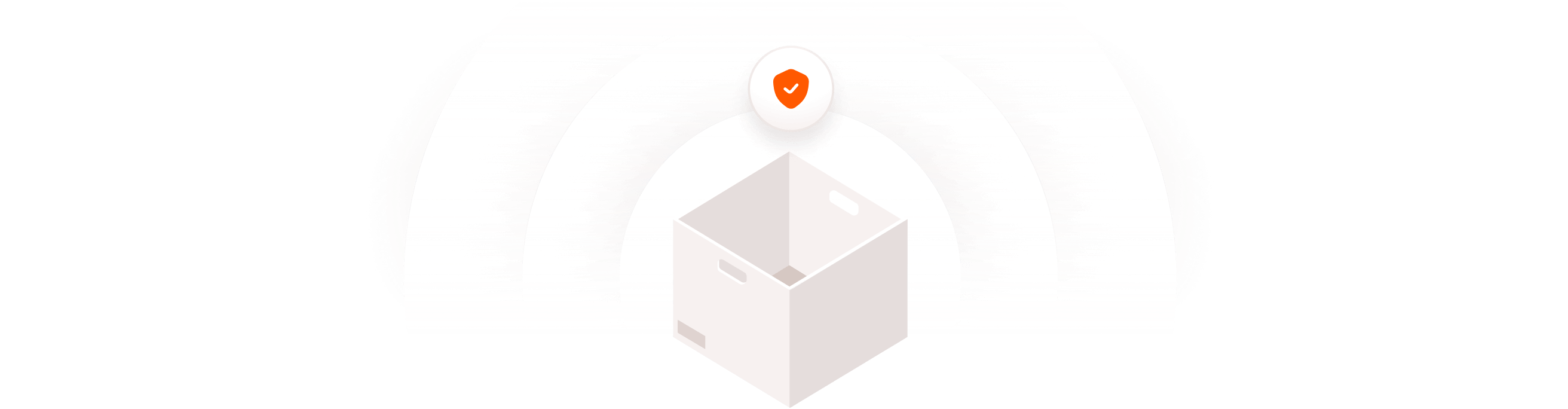 Open empty cardboard box with an orange shield icon and checkmark hovering above it, symbolizing secure packaging.