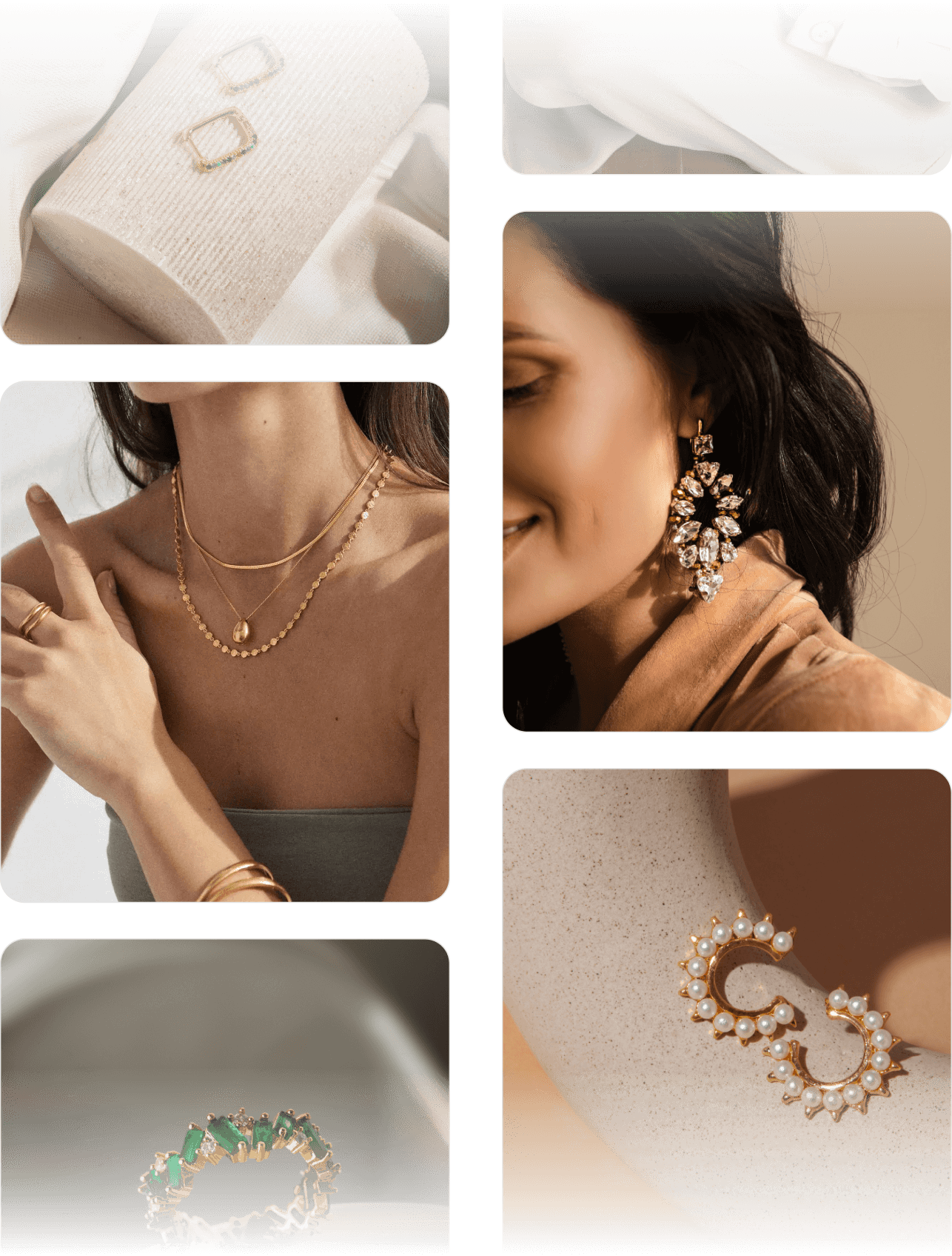 Collage of luxury jewelry including gold earrings on textured stand, layered gold necklaces on neck, large crystal earrings worn by a woman, emerald stone ring, and gold hoop earrings with pearls displayed on ceramic surface.