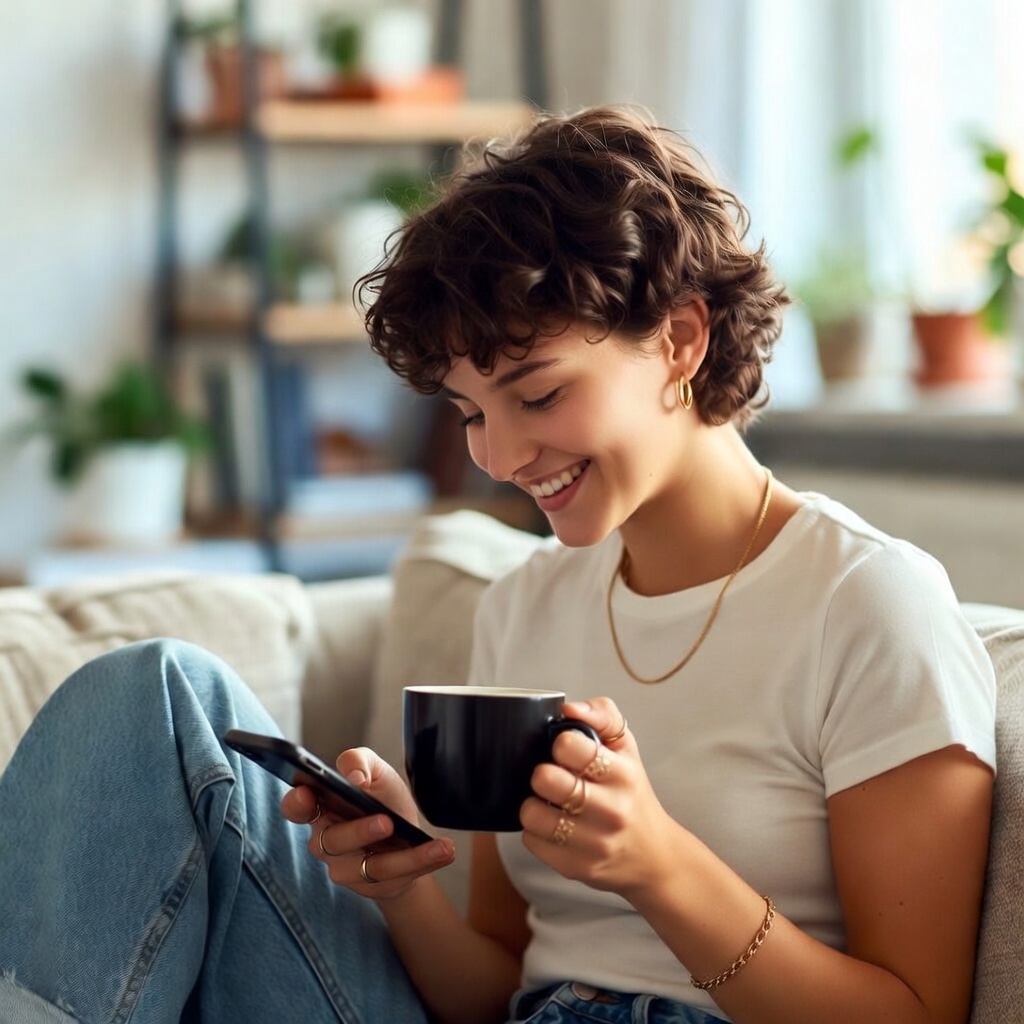 Smiling woman with short curly hair sitting on a couch holding a black mug and looking at her phone.