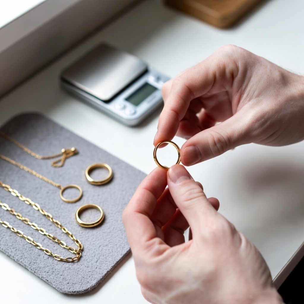 Person holding a gold ring with other gold jewelry and a digital scale on a table.