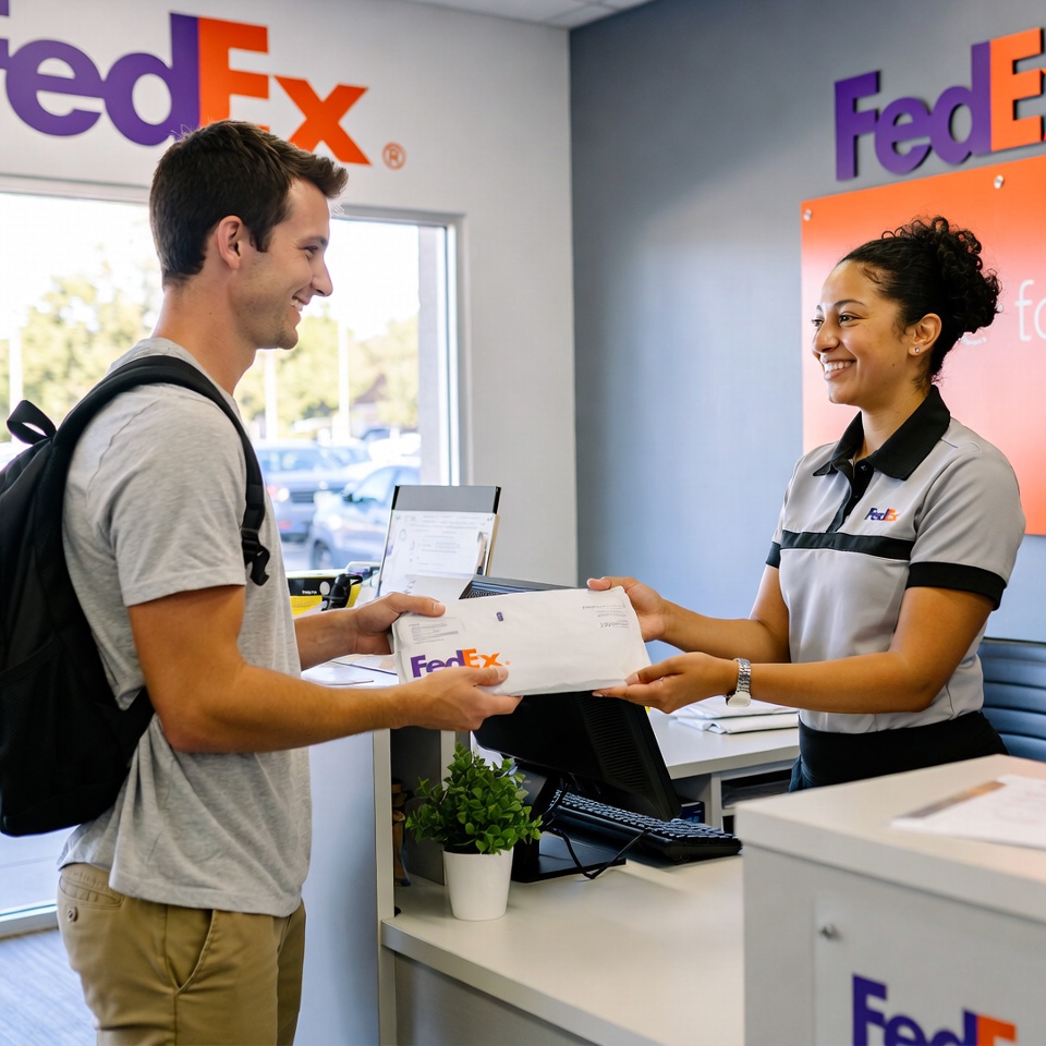 FedEx employee handing a FedEx envelope to a smiling male customer with a backpack at the FedEx service counter.