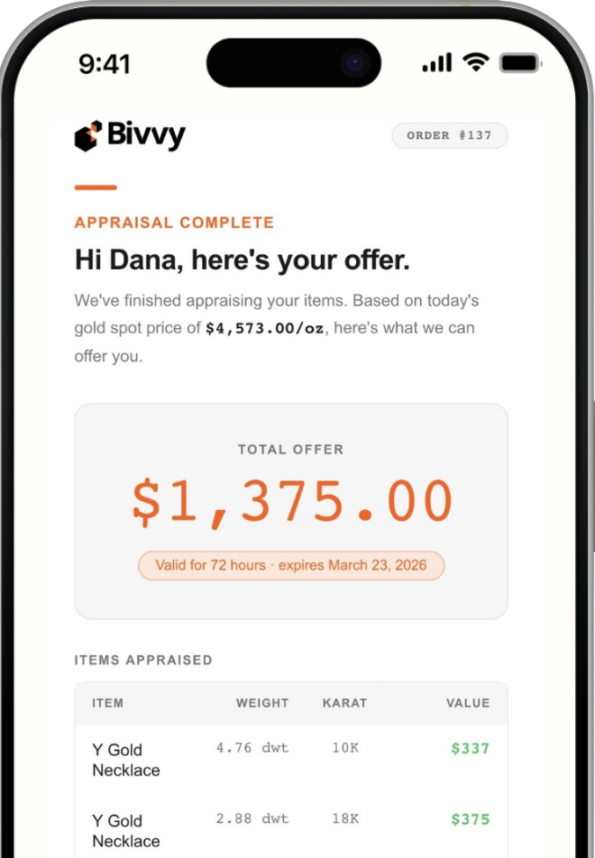Mobile screen showing a completed appraisal offer from Bivvy with a total offer of $1,375.00 valid for 72 hours, listing two yellow gold necklaces with weights, karats, and values.