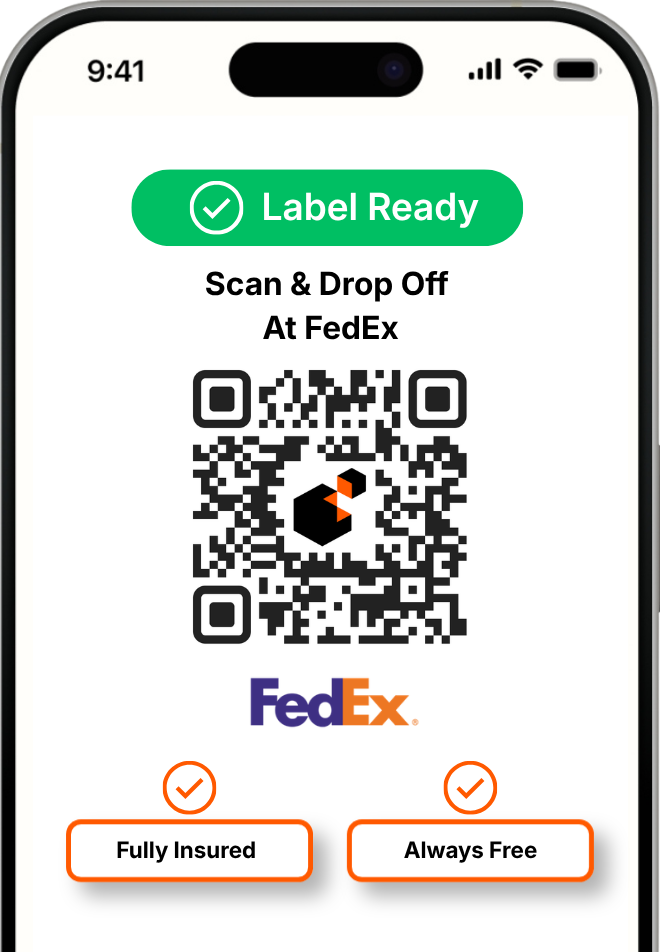Smartphone screen showing a green 'Label Ready' badge, instructions to scan and drop off at FedEx with a QR code and the FedEx logo, plus 'Fully Insured' and 'Always Free' features highlighted.