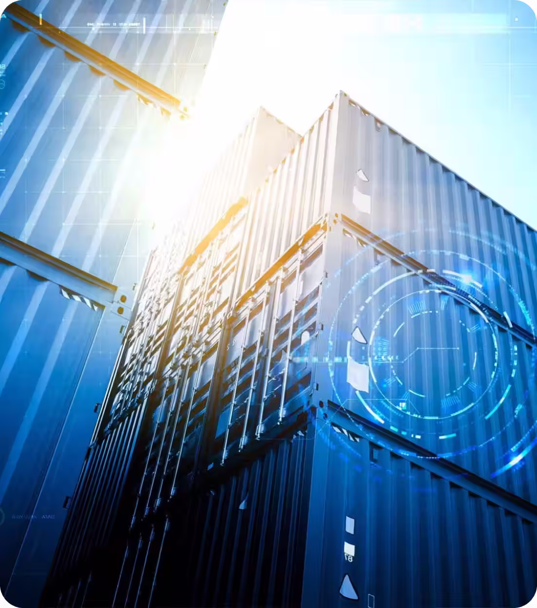 Stacked blue shipping containers with sunlight and digital circular HUD overlays.