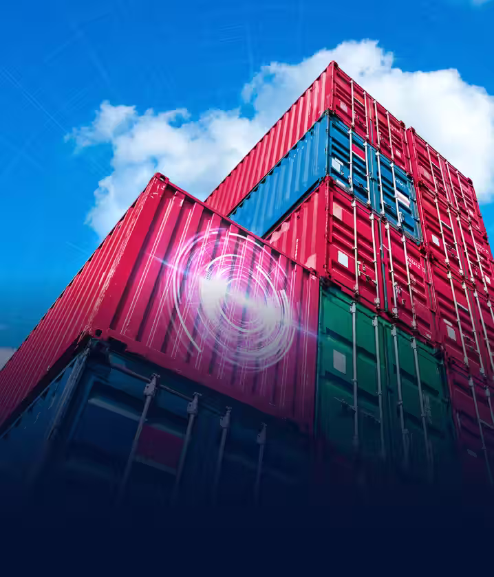 Stack of multi-colored shipping containers under a blue sky with a digital circular interface overlay on one container.