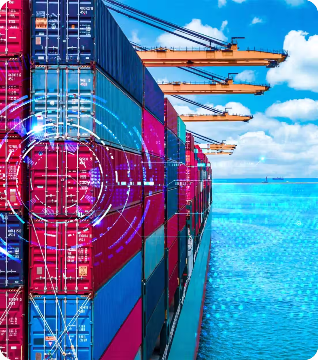 Side view of a cargo ship loaded with colorful shipping containers at a port with yellow cranes and a digital overlay on the containers.