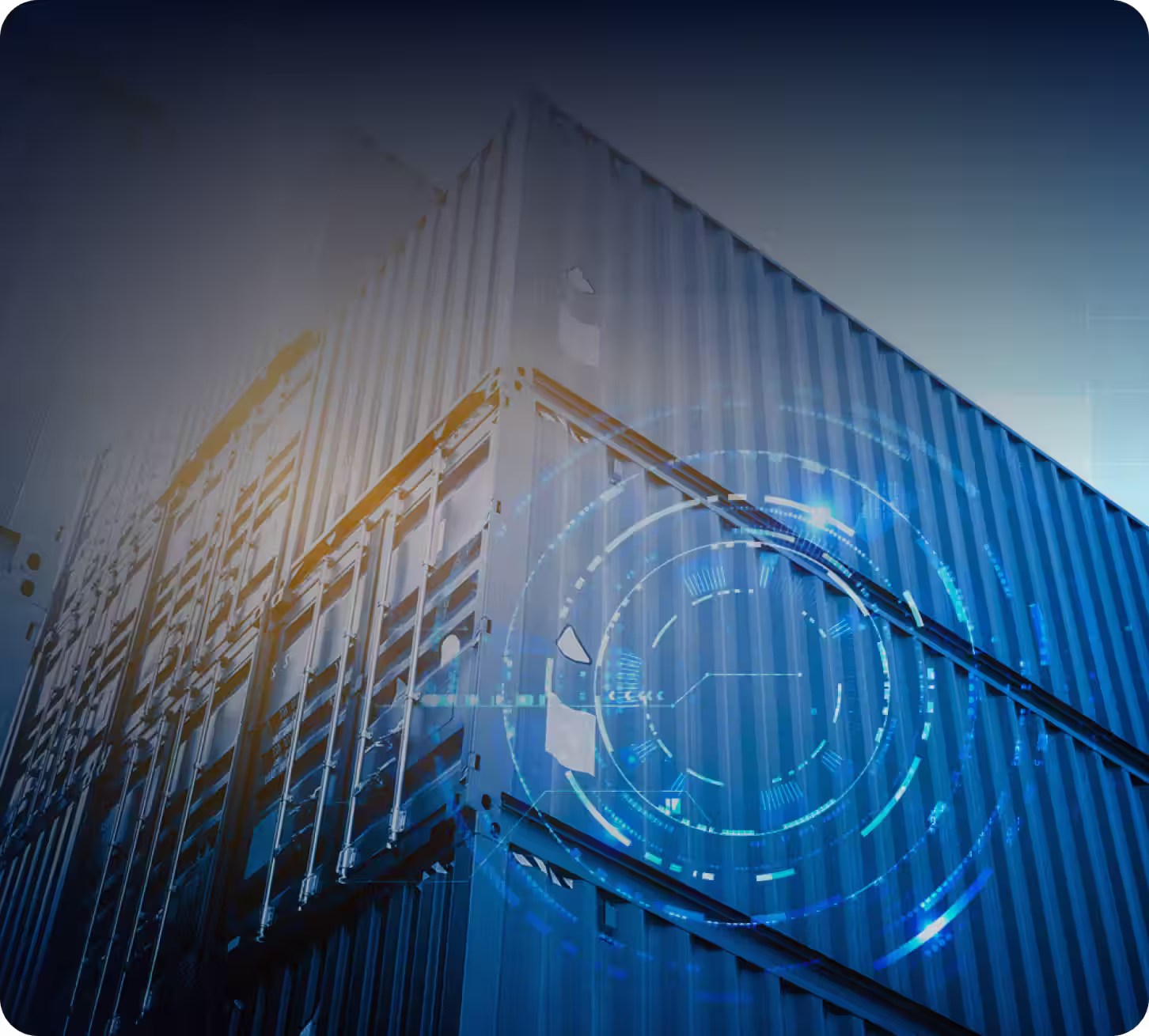 Stacked blue shipping containers with a digital circular interface overlay symbolizing smart container technology.