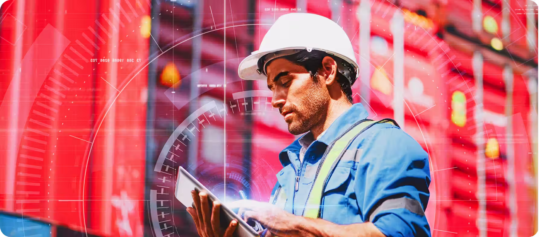 Construction worker in a white hard hat and blue jacket checking a digital tablet with a red industrial background.