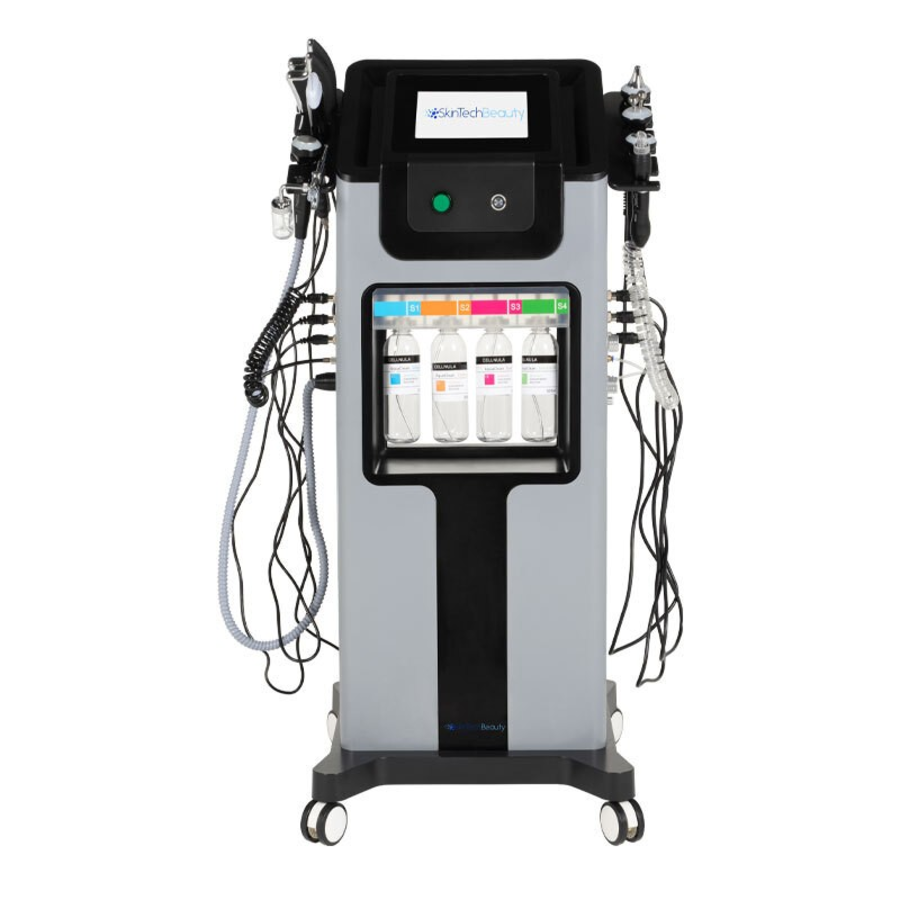 Ein grau-schwarzes Gerät für Gesichtsbehandlung mit 4 Flaschenhalter in der Mitte und einem Bildschirm als Oberfläche.